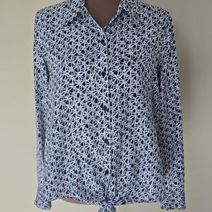 Michael Kors Navy and White Geometric Button Down Shirt With Tie Front
